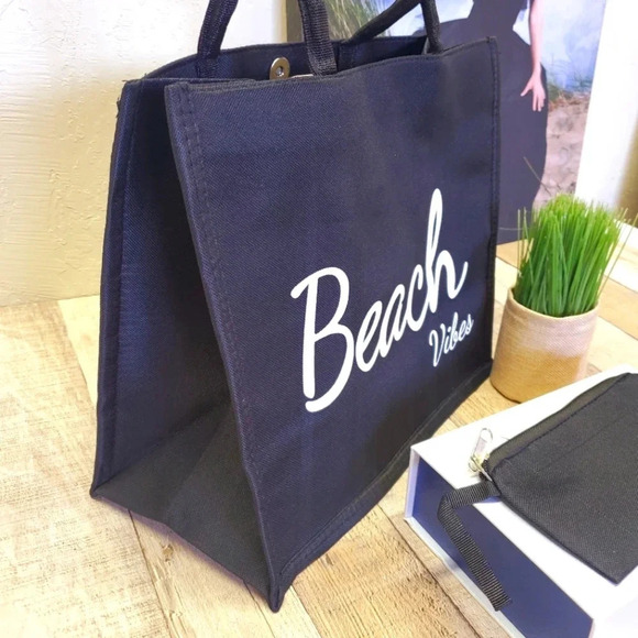 "Beach Vibes" Canvas Tote in Black sz L - Picture 3 of 5